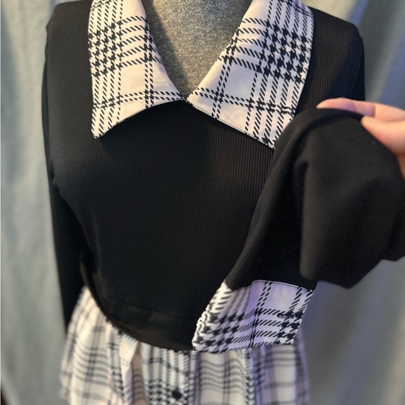 Retro Vintage inspired Black & Cream Plaid Shirt Dress with Collar size S/M - Picture 2 of 8